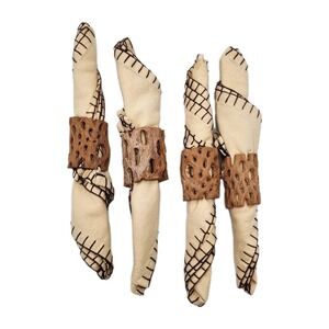 Natural Cholla Wood Napkin Ring Holders with Handmade Cloth Napkins x 4 Rare